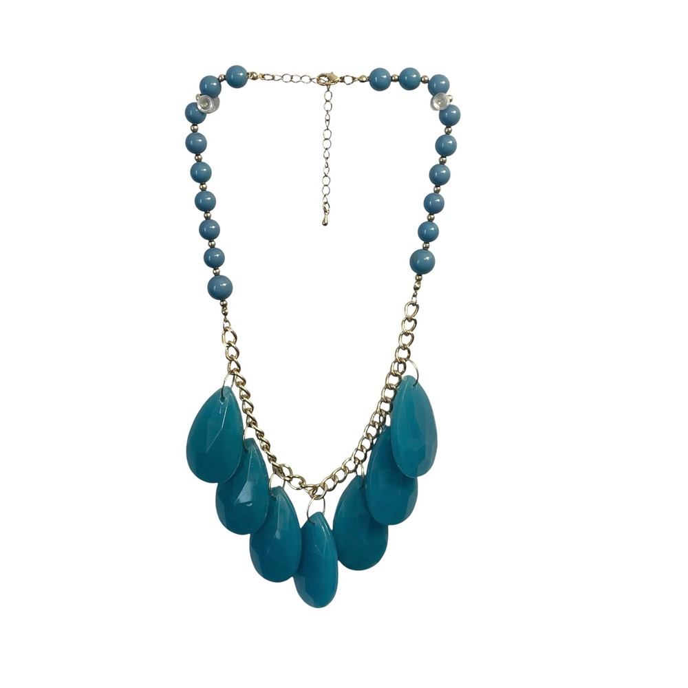 Teal Blue Faceted Teardrop Statement Bib Necklace Gold Tone Beaded 19 Inch